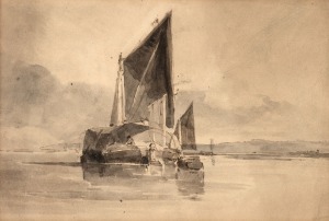 ARTIST UNKNOWN, (the old barge), monochrome watercolour, 16 x 23cm, 34 x 40cm overall.