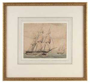 ARTIST UNKNOWN, (British man of war), watercolour, 17 x 21cm, 38 x 42cm overall.