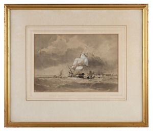ARTIST UNKNOWN, (maritime scene), monochrome watercolour and gouache, 17 x 24cm, 35 x 41cm overall.