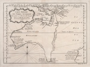 JACQUES-NICOLAS BELLIN (1703-1772), "Carte Reduite Des Terres Australes pour servir a l'histoire des Voyages Par le Sr. Bellin Ing. de la Marine, De la Societe Royale de Londres & ca.", circa 1753, 22 x 29cm plate size; mounted 37.5 x 45.5cm overall. Published nearly 20 years prior to Cook's "discovery" of the east coast in 1770, Bellin used a dotted line for his theories of the east coast of Australia, joining Van Diemen's Land to Espiritu Santu (New Hebrides) and Papua New Guinea and New Brit