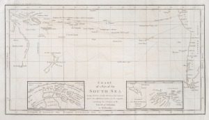 PHILIPPE BUACHE (1700-1773), Chart of a Part of the South Sea lying between South America, New Guinea and New Holand, relative to the enquiries concerning the situation of the Islands of Solomon, with insets of charts drawn in 1597 and 1601; copper plate engraving, 21 x 37cm, mounted 37.5 x 54cm overall.