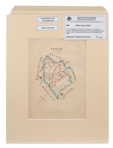 A collection of nineteen hand-coloured lithographic maps taken from William Henry Wells' "A Geographical Dictionary; or Gazeteer of the Australian Colonies" [1848]; including Camden, Bourke & Grant, Hunter, Normanby, Murray and Macquarie. All individually mounted 29 x 23cm each overall.