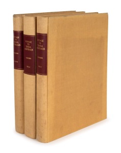 "Voyage To Terra Australis" by Matthew Flinders [Adelaide, Libraries Board of South Australia 1966] facsimile edition of the 1814 publication. Two folio volumes and collection of charts, bound in full yellow cloth with red leather title labels on the spine. (3 items).