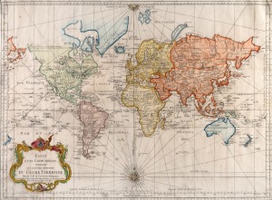 JACQUES-NICOLAS BELLIN (1703-1772), "Essay D'Une Carte Reduite Contenant Les Parties Connuees Du Globe Terrestre. Dedie a M. Le Comte De Maurepas." [Paris: 1748.], hand-coloured copper engraving, New Holland still with a hypothetical east and south coast with Van Diemen's Land attached, ​​​​​​​50 x 70cm; mounted 71 x 90cm overall.