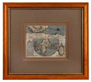 MATTHAUS QUAD (1557-1613) and JOHANN BUSSEMACHER (c1580-1613), "Chica sive Patagonica et Australis Terra, MDC", hand-coloured copper engraving, circa 1600, which provides a cartographic glimpse into the largely unexplored and mysterious regions of South America, particularly the southern part of the continent as well as the northern portion of Terra Australis, New Guinea and the islands of Java, Sumatra, etc. 22.5 x 28cm, 54 x 61cm overall.