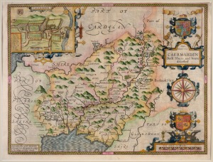 JOHN SPEED (1550s-1629), English County maps of "DENBIGHSHIRE" (1610); and "CAERMARDEN" (1610), copper engravings, both attractively hand-coloured and individually mounted plate size 38.5 x 50.5cm, 55 x 68cm each overall.