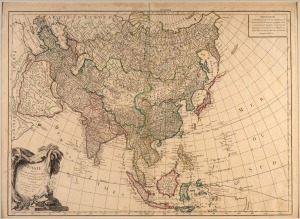 JEAN JANVIER (1746–1776) "L'ASIE divisee EN LES PRINCIPAUX ETATS", large copper engraved map from Janvier's Atlas Moderne (1760); some hand-colouring and an attractive cartouche, 47 x 65cm; mounted 64.5 x 82cm overall. A tiny portion of the "Terre du Sud" can be seen below Papua New Guinea, which is partly completed.