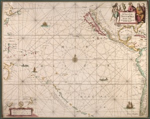 JOHN SELLER (1630-1697), "A Chart of the SOUTH-SEA by John Seller, Hydrographer to the Kings most Excellent Majestie", copper plate engraving with limited contemporary hand-colouring, rare first edition, the first English map of the Pacific ocean, mounted 44 x 54cm, 76 x 81cm overall.