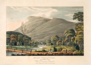JOSEPH LYCETT (1774 -1828), "Mount Wellington, Near Hobart Town, Van Dieman's Land", hand-coloured aquatint from “Views of Australia....”, published in London by J. Souter, 1825, 23 x 32cm, mounted 37.5 x 48.5cm overall.