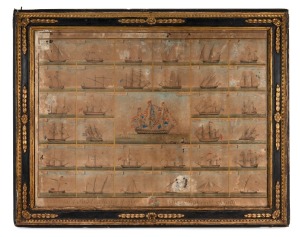 A framed antique French hand-coloured maritime engraving with numerous vignettes of ships and flags, 18th century, 65 x 83cm overall.