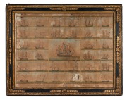 A framed antique French hand-coloured maritime engraving with numerous vignettes of ships and flags, 18th century, 65 x 83cm overall.