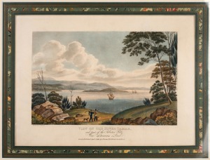 JOSEPH LYCETT (1774 -1828), "View On The River Tamar And Part Of The Asberton Hills, Van Diemen's Land", hand-coloured aquatint from “Views of Australia....”, published in London by J. Souter, 1825, 24 x 33cm, mounted 37.5 x 48.5cm overall.
