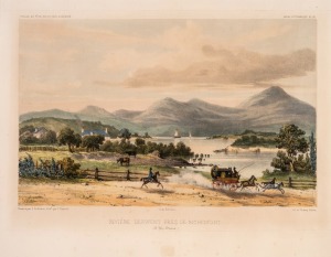 LOUIS Le BRETON (1818-1866), "Riviere Derwent, Pres de Richemont (Ile Van-Diemen)", hand-coloured lithograph, from Durmont D'urville, Voyage To The South Pole "Astrolabe" and Zelee, published 1841-1846, 26 x 32cm, mounted 41 x 48.5cm overall.