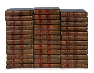 "Bibliothèque géographique et instructive des jeunes gens, ou recueil de voyages intéressants dans toutes les parties du monde, Pour l'instruction et l'amusement de la jeunesse" [Paris, Gabriel DuFour, various years 1800s-1810s], complete set of 36 volumes; quarter leather bindings, blue marbled boards, gilt titles and decorations to spine; arranged to form a young person's full six year curriculum detailing many famous voyages, including those of Captain James Cook.