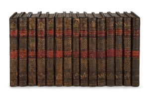 "Bibliothèque portative des voyages" [Paris, LePetit, 1804], a uniformly bound collection of fifteen volumes, comprising numbers 10-12, 14-18, and 29-35 (five of which focused on the voyages of Captain James Cook); full leather binding, gilt titles and decorations to covers and spine, gilt edging; several volumes are dated using the French Revolutionary Calendar, rather than the Gregorian.