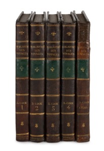 355 · VOYAGES OF JAMES COOK: Volumes 24-28 of the "Bibliothèque portative des voyages" [Paris, LePetit, 1817], volume 28 being an atlas with map and many plates; uniformly bound in quarter leather, with gilt titles and decorations to spine and marbled endpapers, (5 items).