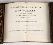 VOYAGES OF JAMES COOK: Volumes 24-28 of the "Biblioth&egrave;que portative des voyages" [Paris, LePetit, 1817], volume 28 being an atlas with map and many plates; uniformly bound in quarter leather, with gilt titles and decorations to spine and marbled endpapers - 2