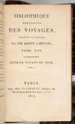"Biblioth&egrave;que portative des voyages" [Paris, LePetit, 1817], a collection of eleven volumes comprising numbers 14-17 (voyages of Captain James Cook) and 36-42; quarter leather binding, gilt titles to spine, marbled endpapers. - 3