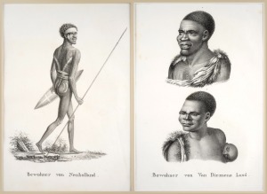 CHARLES-ALEXANDRE LESUEUR (1778-1846), I.) "Bewohner, von Neuholland", II.) "Bewohner, von Van Diemens Land", copper plate engravings from the Baudin Peron Expedition, circa 1808, published in German, each 28 x 19cm, mounted 43 x 34cm overall.