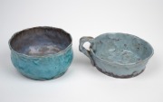 JOLLIFF two hand-built pottery bowls, including one with mauve and turquoise glaze and the other example with handle, both incised "Jolliff, 1947, F.E.C.", 11.5cm and 14cm wide. - 2