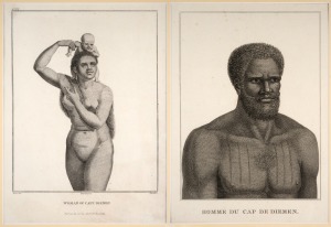 Two antique copper plate engravings titled: I.) Homme Du Cap De Diemen (from the La Pérouse expedition, Bruni d'Entrecasteaux), II.) Woman of Cape Diemen (from the English edition of the French naturalist Jacques Labillardière search for La Pérouse), each approximately 28 x 21cm, mounted 43 x 35.5cm overall.