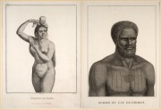 Two antique copper plate engravings titled: I.) Homme Du Cap De Diemen (from the La P&eacute;rouse expedition, Bruni d'Entrecasteaux), II.) Woman of Cape Diemen (from the English edition of the French naturalist Jacques Labillardi&egrave;re search for La P&eacute;rouse), each