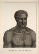 Two antique copper plate engravings titled: I.) Homme Du Cap De Diemen (from the La P&eacute;rouse expedition, Bruni d'Entrecasteaux), II.) Woman of Cape Diemen (from the English edition of the French naturalist Jacques Labillardi&egrave;re search for La P&eacute;rouse), each - 3