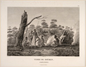 CHARLES-ALEXANDRE LESUEUR (1778-1846), I.) Terre De Diemen, Habitations, II.) Terre De Diemen, Ile Maria, copper plate engravings from the Baudin Peron Expedition, circa 1808, each 21 x 27cm, mounted 36 x 42cm overall.