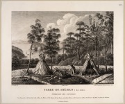 CHARLES-ALEXANDRE LESUEUR (1778-1846), I.) Terre De Diemen, Habitations, II.) Terre De Diemen, Ile Maria, copper plate engravings from the Baudin Peron Expedition, circa 1808, each 21 x 27cm, mounted 36 x 42cm overall. - 2