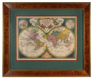 TOBIAS CONRAD LOTTER (1717-1777), "Mappa Totius Mundi", hand-coloured copper engraved map, 18th century, after G. De L'Isle's map from circa 1700, rare. Sight size 45 x 65cm, attractively framed & glazed 82 x 97cm overall.