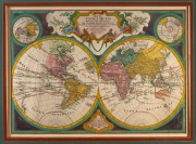 TOBIAS CONRAD LOTTER (1717-1777), "Mappa Totius Mundi", hand-coloured copper engraved map, 18th century, after G. De L'Isle's map from circa 1700, rare. ​​​​​​​Sight size 45 x 65cm, attractively framed & glazed 82 x 97cm overall. - 2