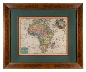TOBIAS CONRAD LOTTER (1717-1777), "Africa", hand-coloured copper engraved map, 18th century, after G. De L'Isle's map from circa 1700, rare. Sight size 45 x 65cm, attractively framed & glazed 82 x 97cm overall.