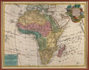 TOBIAS CONRAD LOTTER (1717-1777), "Africa", hand-coloured copper engraved map, 18th century, after G. De L'Isle's map from circa 1700, rare. ​​​​​​​Sight size 45 x 65cm, attractively framed & glazed 82 x 97cm overall. - 2