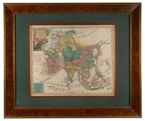 TOBIAS CONRAD LOTTER (1717-1777), "Asia", hand-coloured copper engraved map, 18th century, after G. De L'Isle's map from circa 1700, rare. Sight size 45 x 65cm, attractively framed & glazed, 82 x 97cm overall.