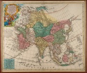 TOBIAS CONRAD LOTTER (1717-1777), "Asia", hand-coloured copper engraved map, 18th century, after G. De L'Isle's map from circa 1700, rare. Sight size 45 x 65cm, attractively framed & glazed, 82 x 97cm overall. - 2