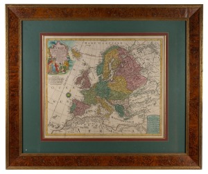 TOBIAS CONRAD LOTTER (1717-1777), "Europa", hand-coloured copper engraved map, 18th century, after G. De L'Isle's map from circa 1700, rare. Attractively framed and glazed, sight size 45 x 65cm, 82 x 97cm overall.