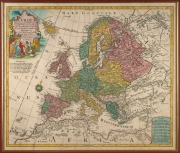 TOBIAS CONRAD LOTTER (1717-1777), "Europa", hand-coloured copper engraved map, 18th century, after G. De L'Isle's map from circa 1700, rare. Attractively framed and glazed, sight size 45 x 65cm, 82 x 97cm overall. - 2