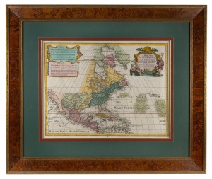 TOBIAS CONRAD LOTTER (1717-1777), "America, Septentrion Alis", hand-coloured copper engraved map, 18th century, after G. De L'Isle's map from circa 1700, rare. ​​​​​​​Sight size 45 x 65cm, attractively framed & glazed, 82 x 97cm overall.