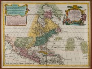 TOBIAS CONRAD LOTTER (1717-1777), "America, Septentrion Alis", hand-coloured copper engraved map, 18th century, after G. De L'Isle's map from circa 1700, rare. ​​​​​​​Sight size 45 x 65cm, attractively framed & glazed, 82 x 97cm overall. - 2