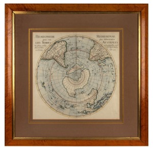 [ANTARCTICA & THE SOUTHERN HEMISPHERE] "Hemisphere Meridional Pour Voir Plus Distinctement Les Terres Australes" printed in Paris, circa 1771. From the original and famous 1714 map of the Southern Hemisphere created by the prominent French geographer Guillaume de L'Isle. Sight size 48 x 48cm, framed and glazed 79 x 79cm overall.