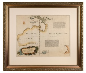 EMANUEL BOWEN (1694-1767), "A Complete Map Of the Southern Continent (Hollandia Nova, Terra Australis)", hand-coloured copper plate engraved map, circa 1744. Note: First English chart of Australia. Sight size 38.5 x 49.5cm, framed and glazed 63 x 73cm overall. Outlines early charting by Dutch explorers such as Abel Tasman (1642-1644), Dirk Hartog (1616), and Pieter Nuyts (1627).