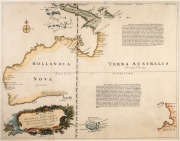 EMANUEL BOWEN (1694-1767), "A Complete Map Of the Southern Continent (Hollandia Nova, Terra Australis)", hand-coloured copper plate engraved map, circa 1744. Note: First English chart of Australia. Sight size 38.5 x 49.5cm, framed and glazed 63 x 73cm ove - 2