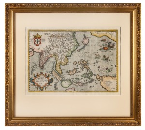 ABRAHAM ORTELIUS (1527-1598) "Indiae Orientalis Insularumque Adiacientium Typus (Southeast Asia and the East Indies)", antique hand-coloured copper plate engraved map, circa 1595, 1601 or 1609, considered one of the most complete maps of its time, featuring part of the unknown Great Southern Land, sight size 37.5 x 52.5cm, framed & glazed 68 x 75cm overall.