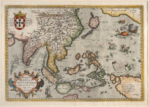 ABRAHAM ORTELIUS (1527-1598) "Indiae Orientalis Insularumque Adiacientium Typus (Southeast Asia and the East Indies)", antique hand-coloured copper plate engraved map, circa 1595, 1601 or 1609, considered one of the most complete maps of its time, featuri