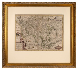 JODOCUS HONDIUS (1563-1612), "Asiae Nova Descriptio Auctore", hand-coloured copper engraved map, printed in Amsterdam, early 17th century, sight size 37 x 50cm, framed & glazed 67 x 75cm overall.