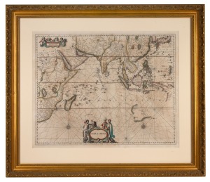 JOHANNES JANSSONIUS (1588-1664), "Mar Di India", hand-coloured copper plate map, first published in Amsterdam, circa 1650. An important map of the Indian Ocean showing early Australian discoveries on the Western and Southern coasts. Sight size 46 x 58cm, framed & glazed 68 x 78cm overall.