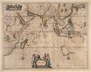 JOHANNES JANSSONIUS (1588-1664), "Mar Di India", hand-coloured copper plate map, first published in Amsterdam, circa 1650. An important map of the Indian Ocean showing early Australian discoveries on the Western and Southern coasts. Sight size 46 x 58cm, - 2