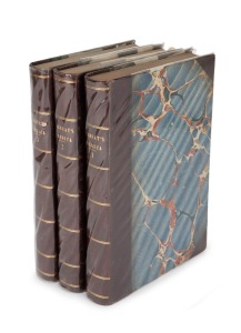 FREDERICK MARRYAT, "A Diary in America, with Remarks on its Institutions" [London, Longman Orme Brown Green & Longmans, 1839], three attractively and uniformly rebound volumes (321/311/319pp.); quarter leather bindings, gilt titles to spine, marbled endpapers. (3 items) A British naval captain and popular novelist, Marryat's at times critical account of the United States and Canada offended wide swaths of the North American public, reportedly resulting in his books and effigy being publicly bur
