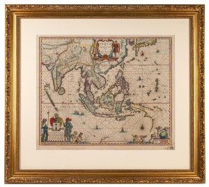 WILLEM BLAEU (1571-1638), "India quae Orientalis dicitur et Insulae Adiacentes", antique hand-coloured copper plated engraved map, circa 1640, showing parts of Cape York and the accidental discoveries on the west coast of Australia, sight size 43.5 x 52cm, framed & glazed 68 x 76cm overall.