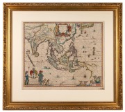 WILLEM BLAEU (1571-1638), "India quae Orientalis dicitur et Insulae Adiacentes", antique hand-coloured copper plated engraved map, circa 1640, showing parts of Cape York and the accidental discoveries on the west coast of Australia, sight size 43.5 x 52cm